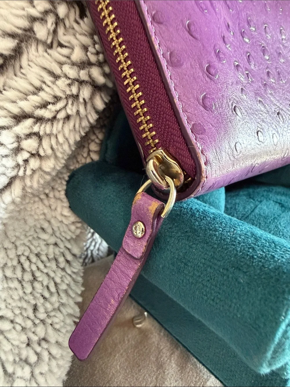 kate spade purple ostrich-embossed zip-around wallet